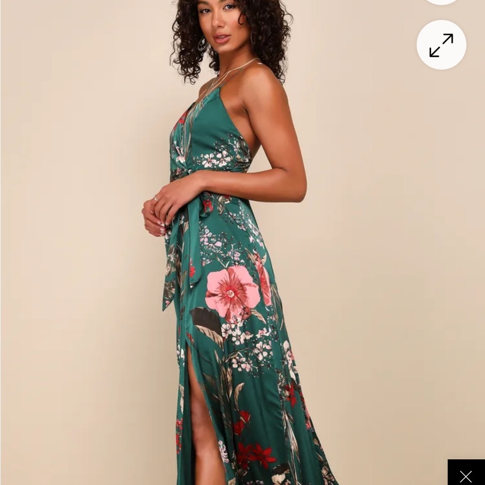Brand New! Floral Green Satin Maxi Dress